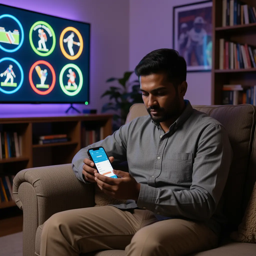 Bangladeshi sports fan using the 97777BDT betting app on his phone with glowing cricket icons and neon lights behind him