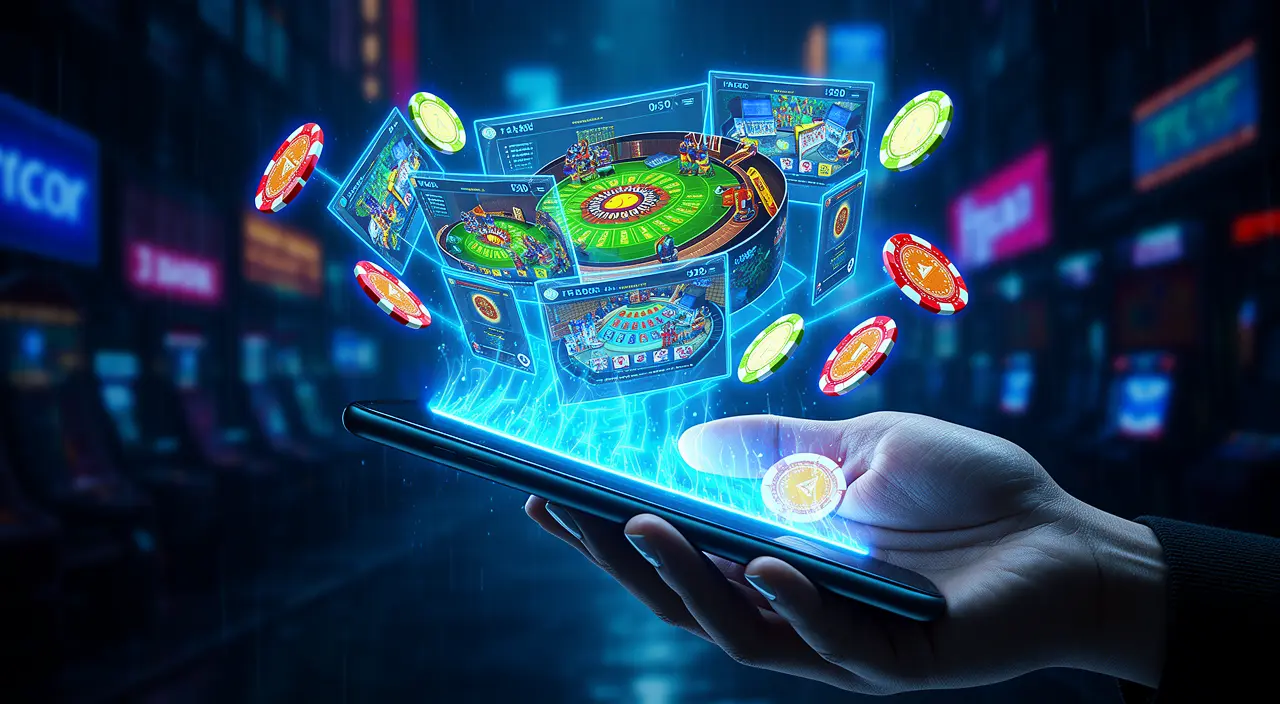 Futuristic holographic casino interface with glowing chips and a spinning roulette wheel emerging from a smartphone showcasing the 97777BDT app