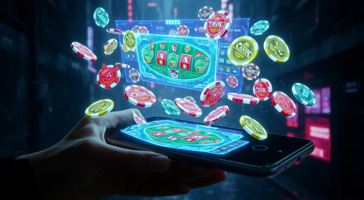 Hand holding a smartphone with bright casino coins rising from the screen showing fast deposits and mobile gaming on 97777BDT