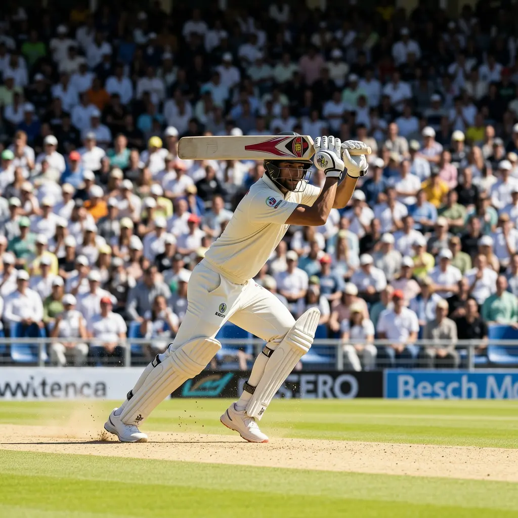 Powerful cricket action shot with a batsman in full motion and a packed stadium capturing the excitement of live cricket betting with 97777BDT