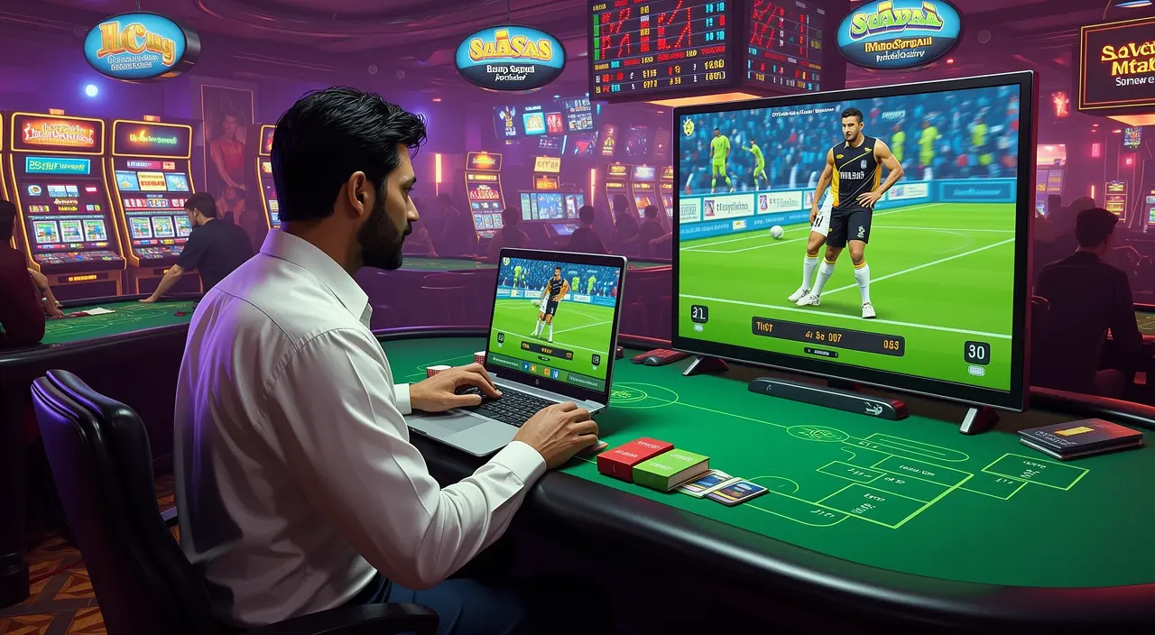 Focused sports bettor analyzing live match statistics on a laptop while following TV action using the 97777BDT betting platform in Bangladesh