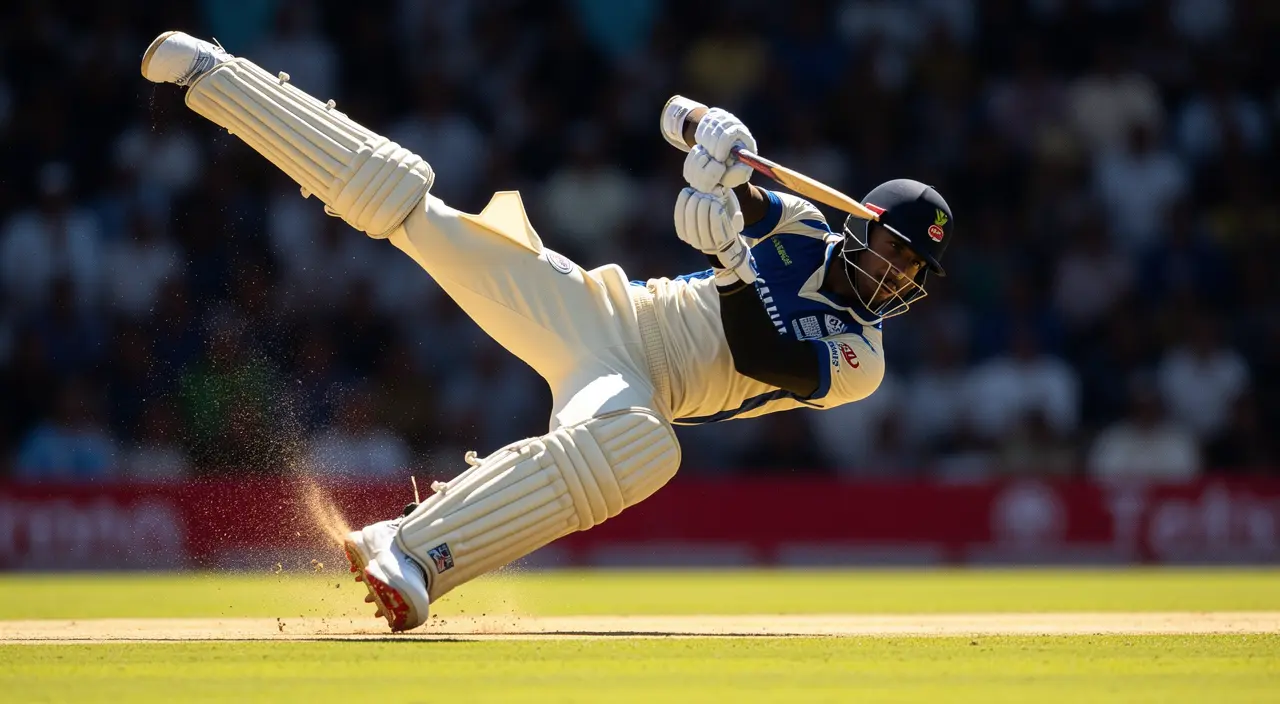 Intense moment of a cricket batsman diving to make his ground in a high pressure match captured in dramatic style for 97777BDT cricket betting