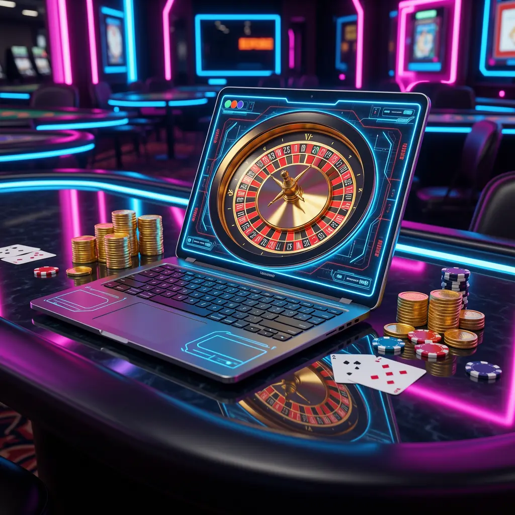 Futuristic online roulette game on a sleek laptop surrounded by gold coins and casino chips representing premium gaming on 97777BDT