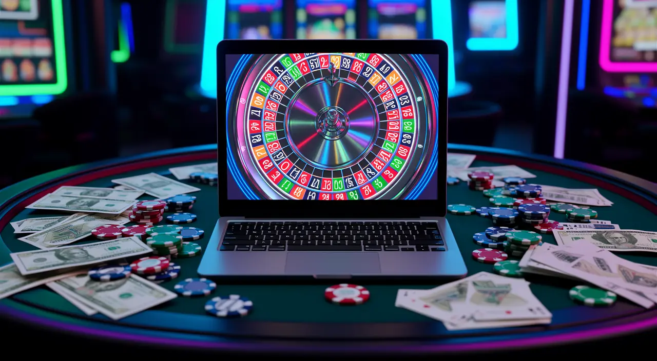 Modern laptop displaying a vibrant online roulette wheel surrounded by digital casino chips representing fast and immersive gameplay on 97777BDT