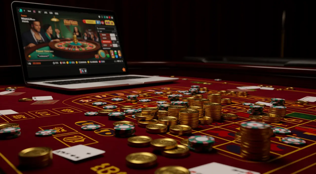 Elegant online roulette setup with a spinning wheel, stacked casino chips, and a laptop screen showcasing live gameplay at 97777BDT
