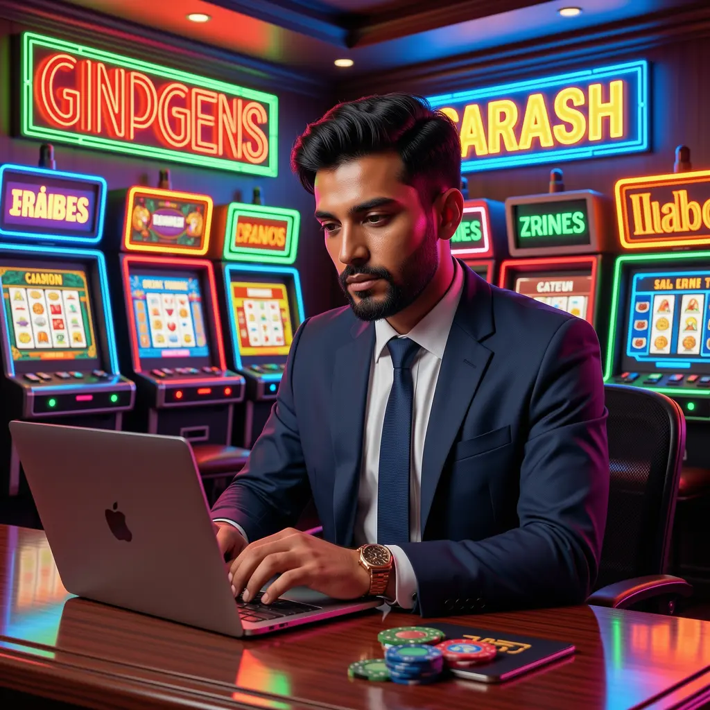 Stylish casino player working on a laptop surrounded by vibrant neon symbols of luck and digital casino entertainment at 97777BDT in Bangladesh