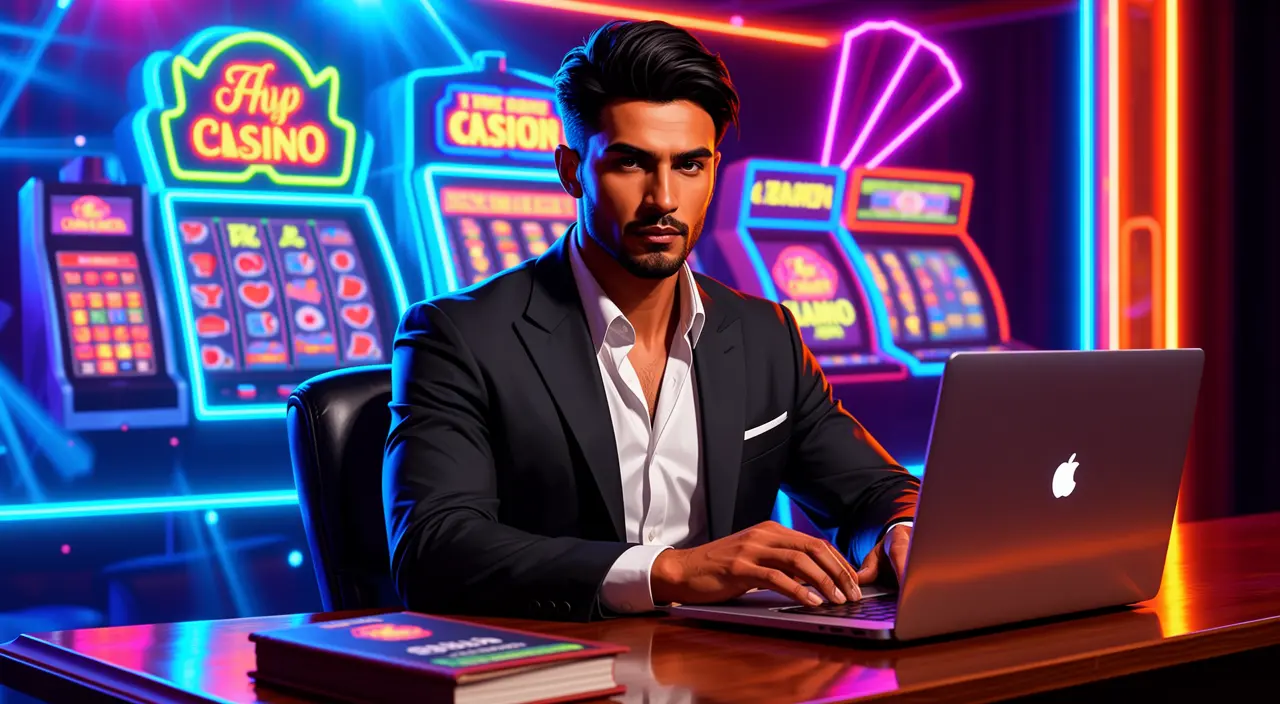 Focused online casino gaming scene with a laptop and glowing chips highlighting digital casino games at 97777BDT for players in Bangladesh