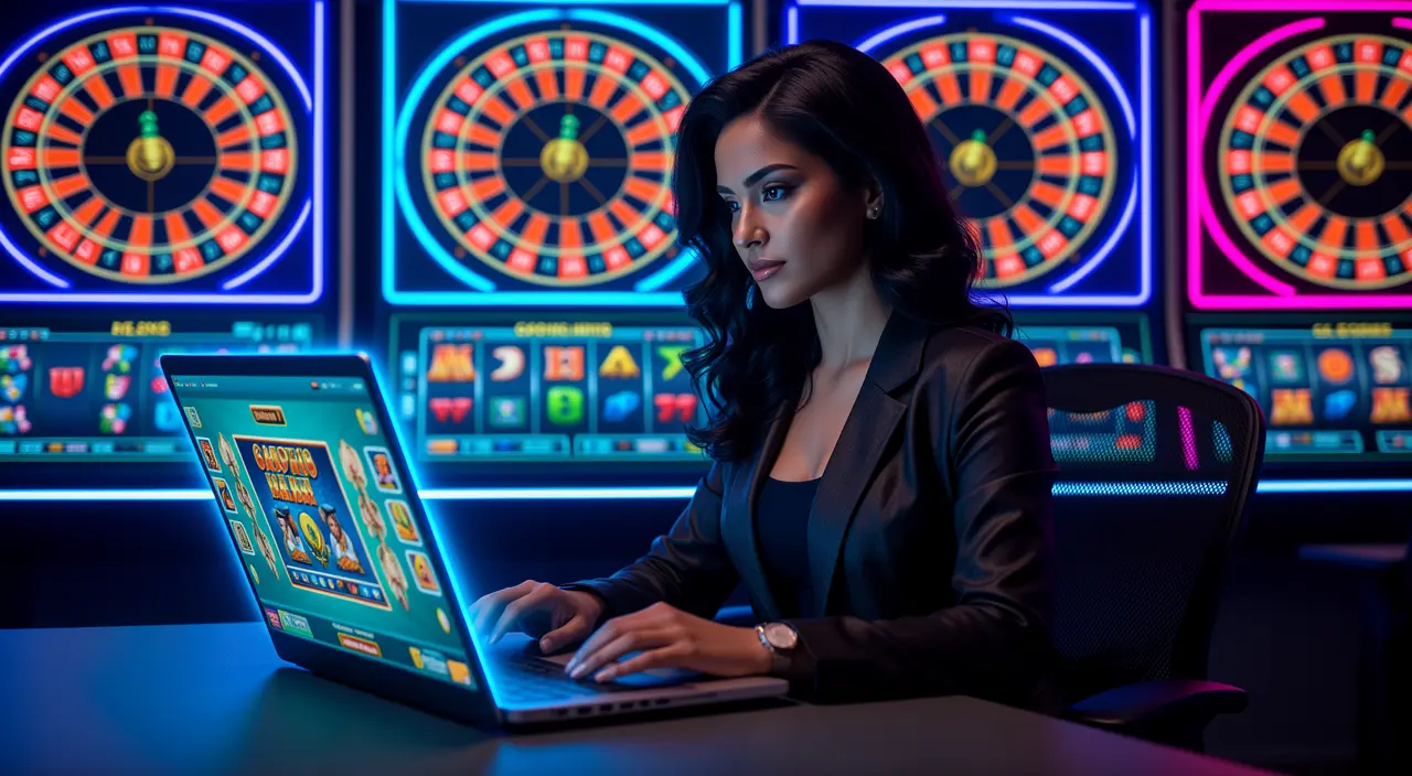 A confident Bangladeshi player enjoying futuristic casino games on a laptop with neon roulette visuals while playing at 97777BDT