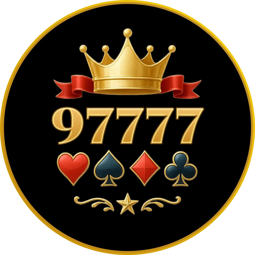 97777 BDT casino logo presented as a royal black circular medallion with bold gold numerals and lettering, topped by an ornate golden crown and red ribbon, with classic heart, spade, diamond and club symbols above decorative flourishes and a central gold star inside a metallic round frame.