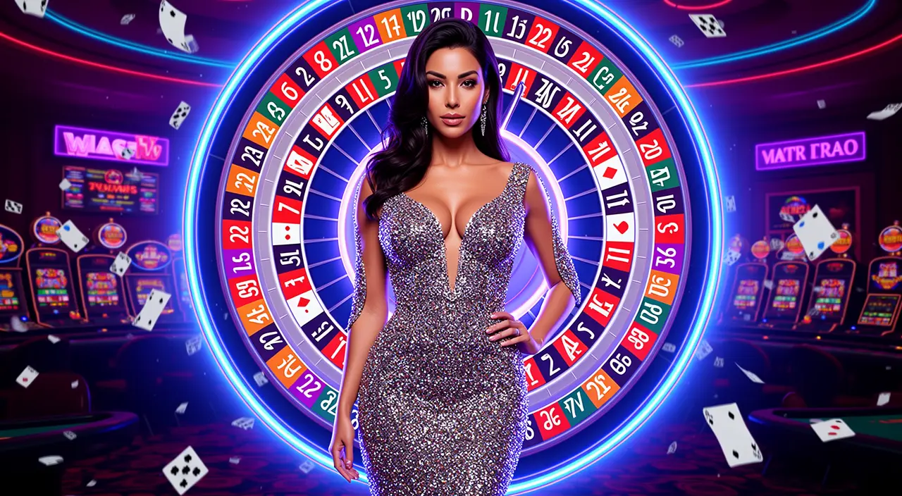 A glamorous casino woman in a sparkling dress posing before a glowing roulette wheel with flying chips showcasing the premium gaming atmosphere of 97777BDT in Bangladesh