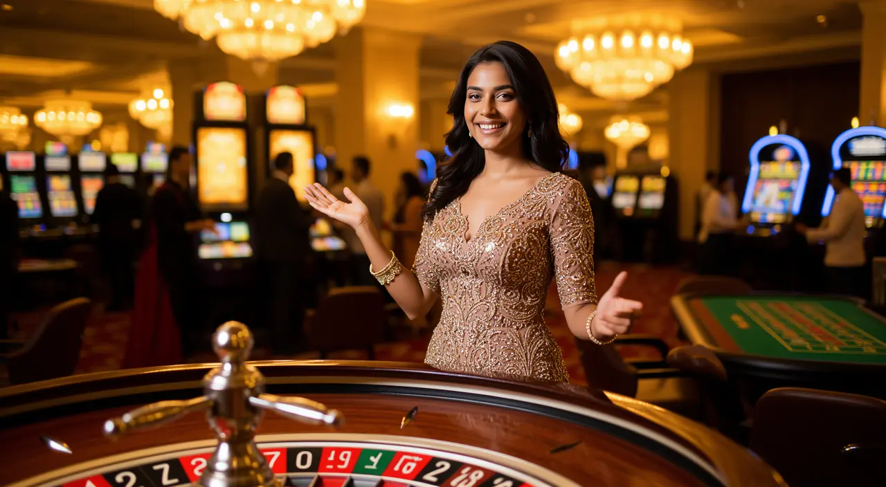 Elegant live casino hostess in a luxurious dress presenting a roulette table with glowing lights and a premium gaming atmosphere at 97777BDT for players in Bangladesh