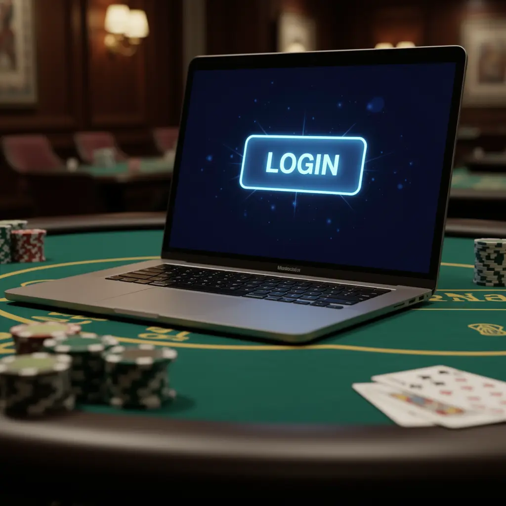 Sleek laptop on a casino table with poker chips and cards showing the 97777BDT login screen for secure account access in Bangladesh