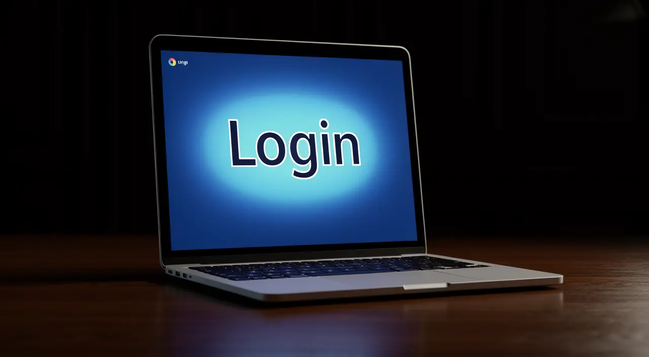 Modern laptop on a dark desk with a glowing login screen representing secure access to the 97777BDT online casino account in Bangladesh