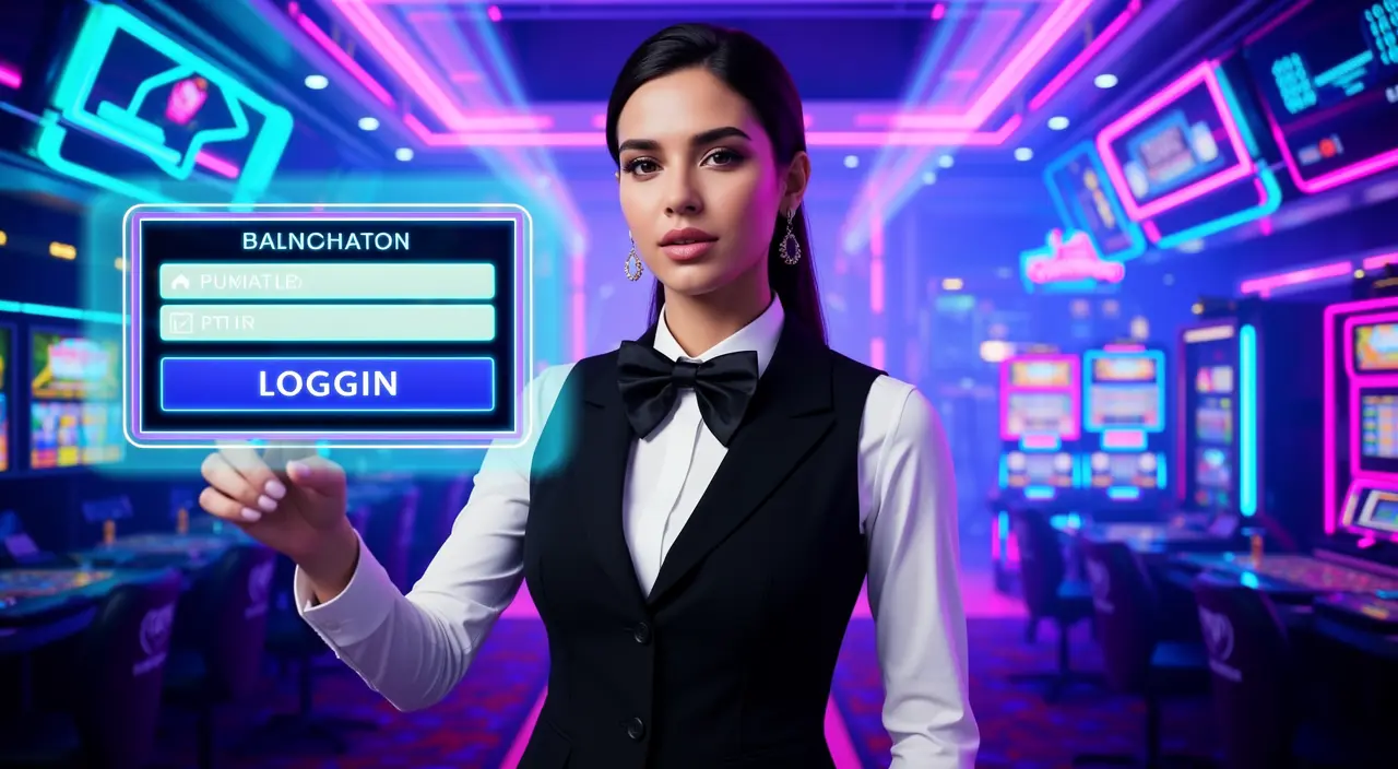 Professional Bangladeshi casino dealer pointing at a digital login button inside a neon lit 97777BDT casino environment