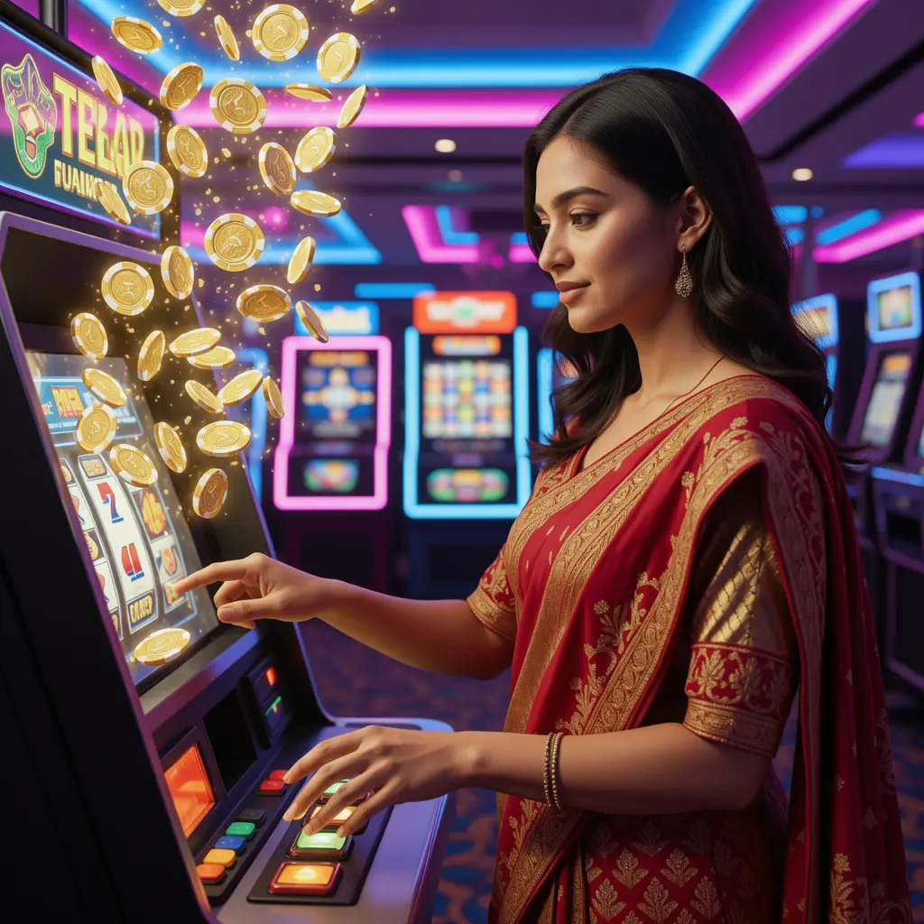A woman enjoying modern slot machines surrounded by falling coins in a neon casino environment at 97777BDT online casino for players in Bangladesh