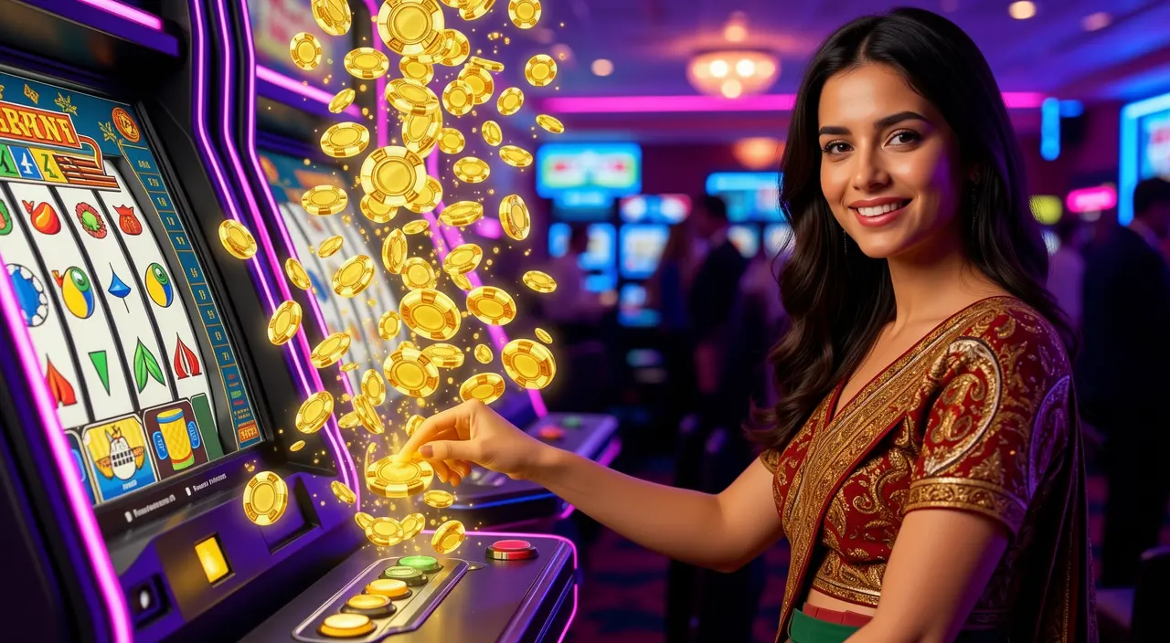A stylish woman playing a modern slot machine with flying gold coins at 97777BDT casino creating an exciting and rewarding gaming scene for players in Bangladesh